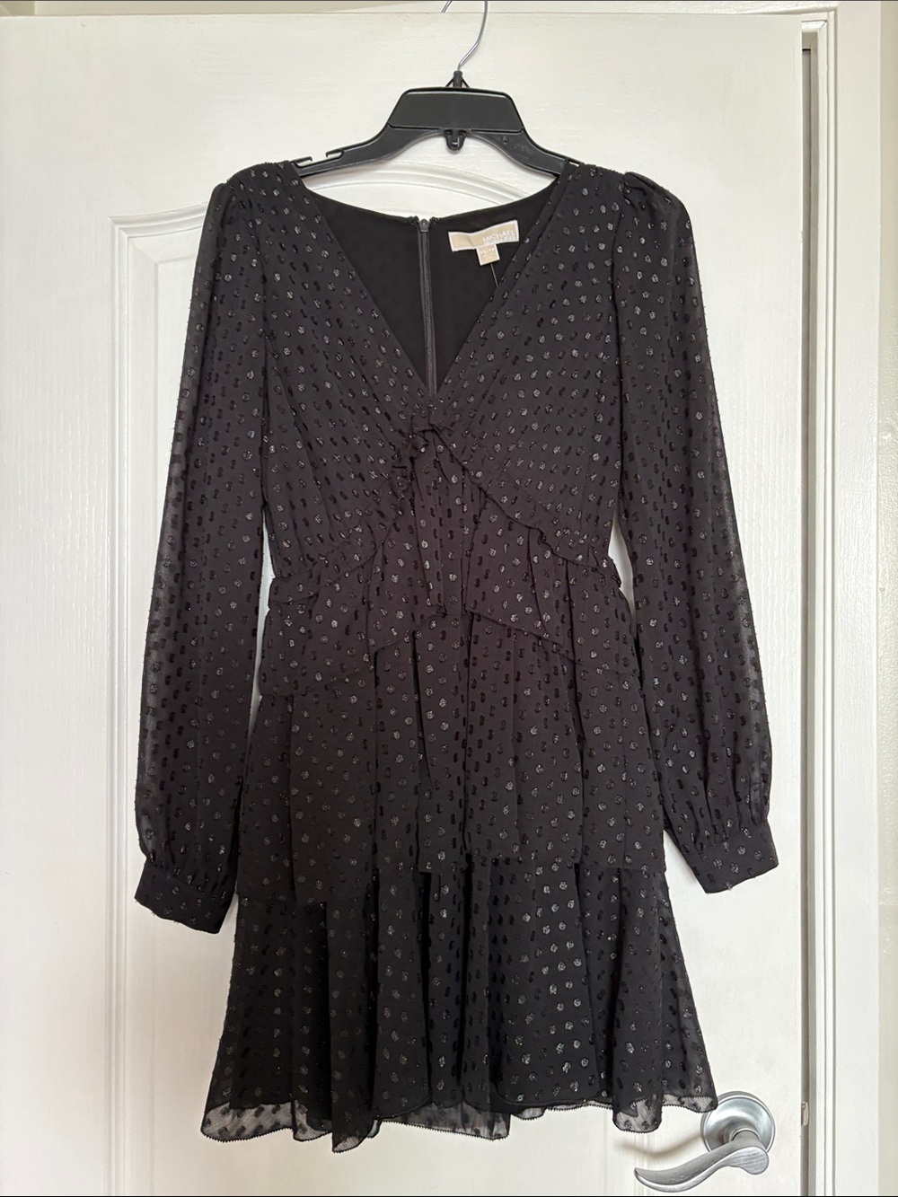 NWT Michael Kors Dot fill Coupe Georgette Ruffle Long-Sleeve V-Neck Black Dress